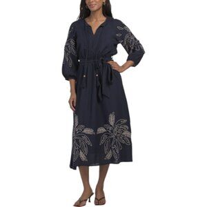 LEA Three-quarter Sleeve Midi Dress With Embroidery
